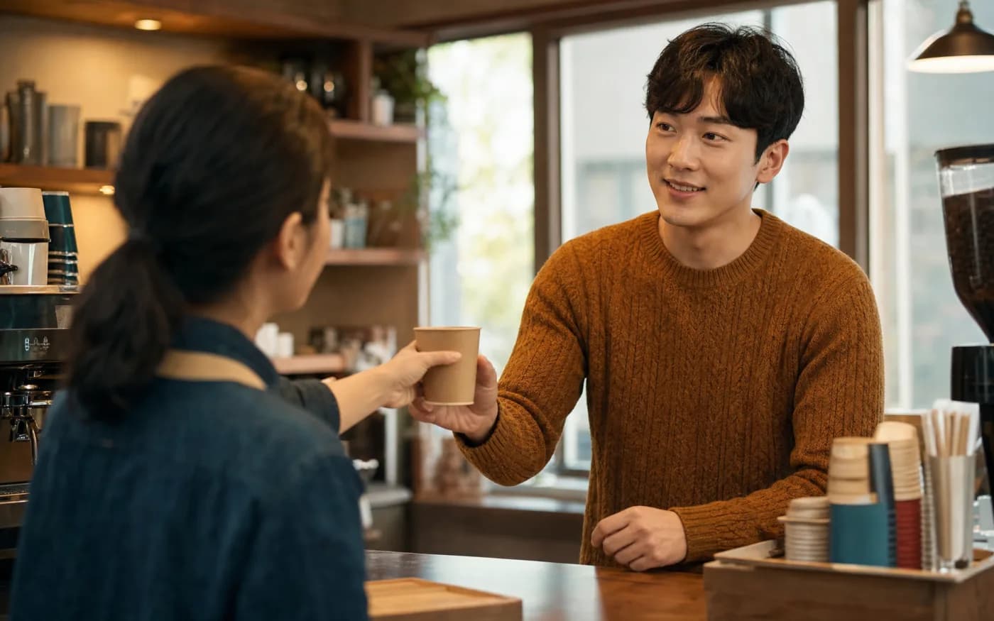 A person at a cafe counter being handed a cup, mid-exchange with the person serving.