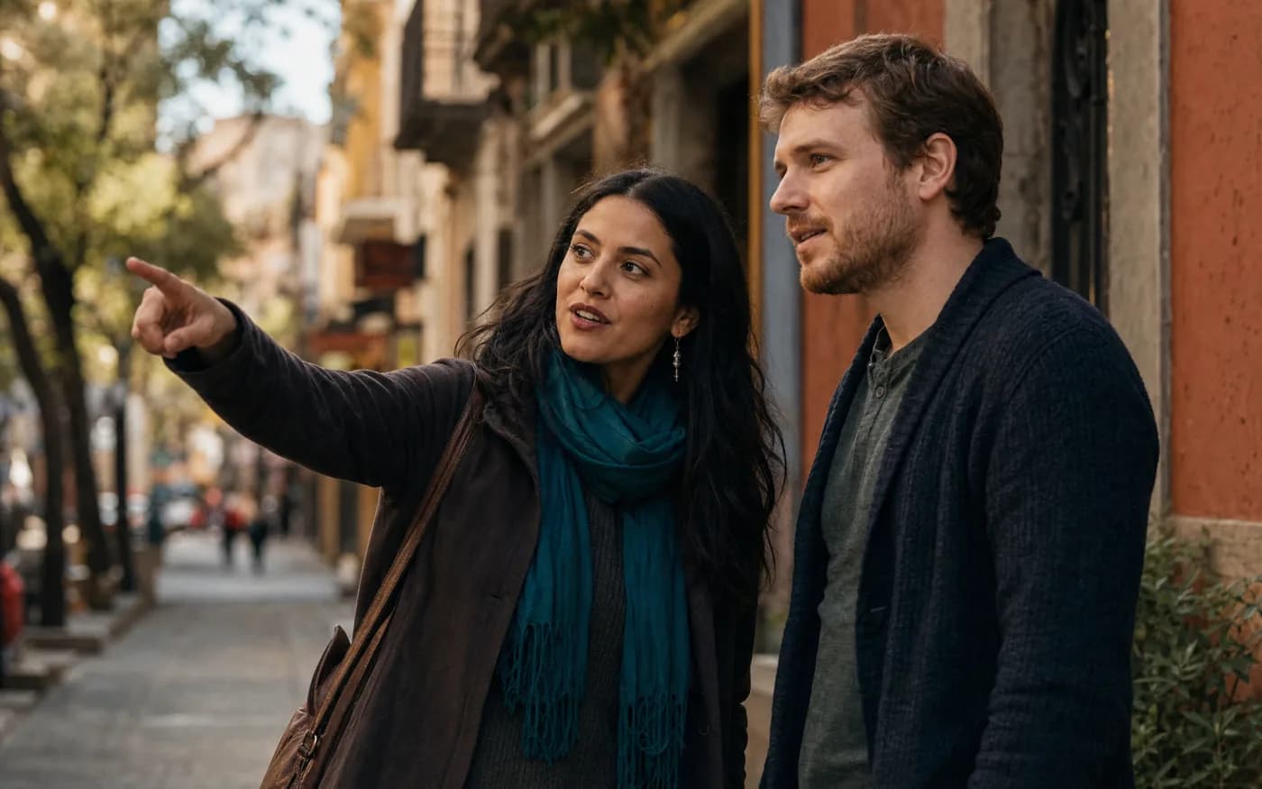 Two people on a sidewalk, one gesturing to give directions while the other listens.